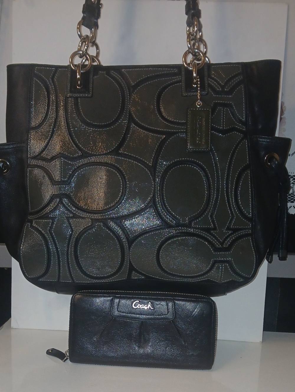 Coach Black Signature Embossed Tote with Matching Black Wallet